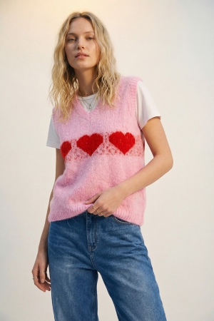 Chaleco de punto rosa esponjoso relaxed fit con motivo de corazón