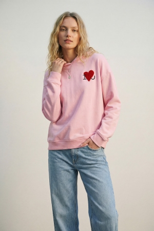 Sudadera con capucha supersuave rosa bebé con gráfico de corazón bouclé