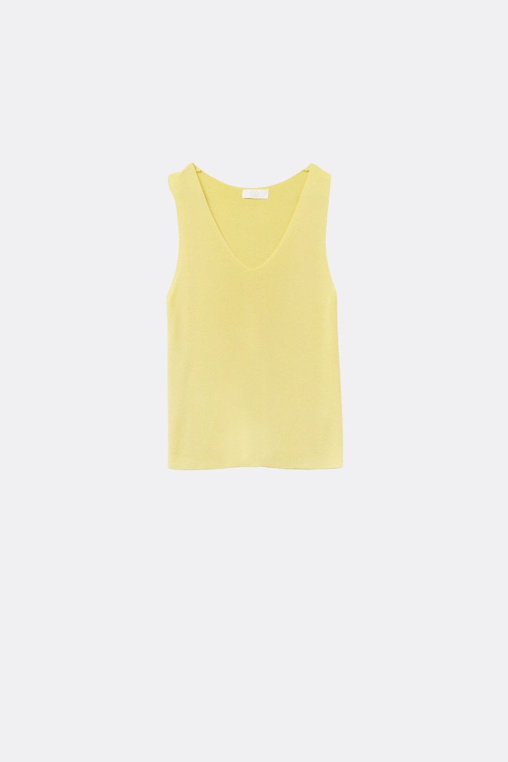 Top amarillo sin mangas de punto fino con cuello en V