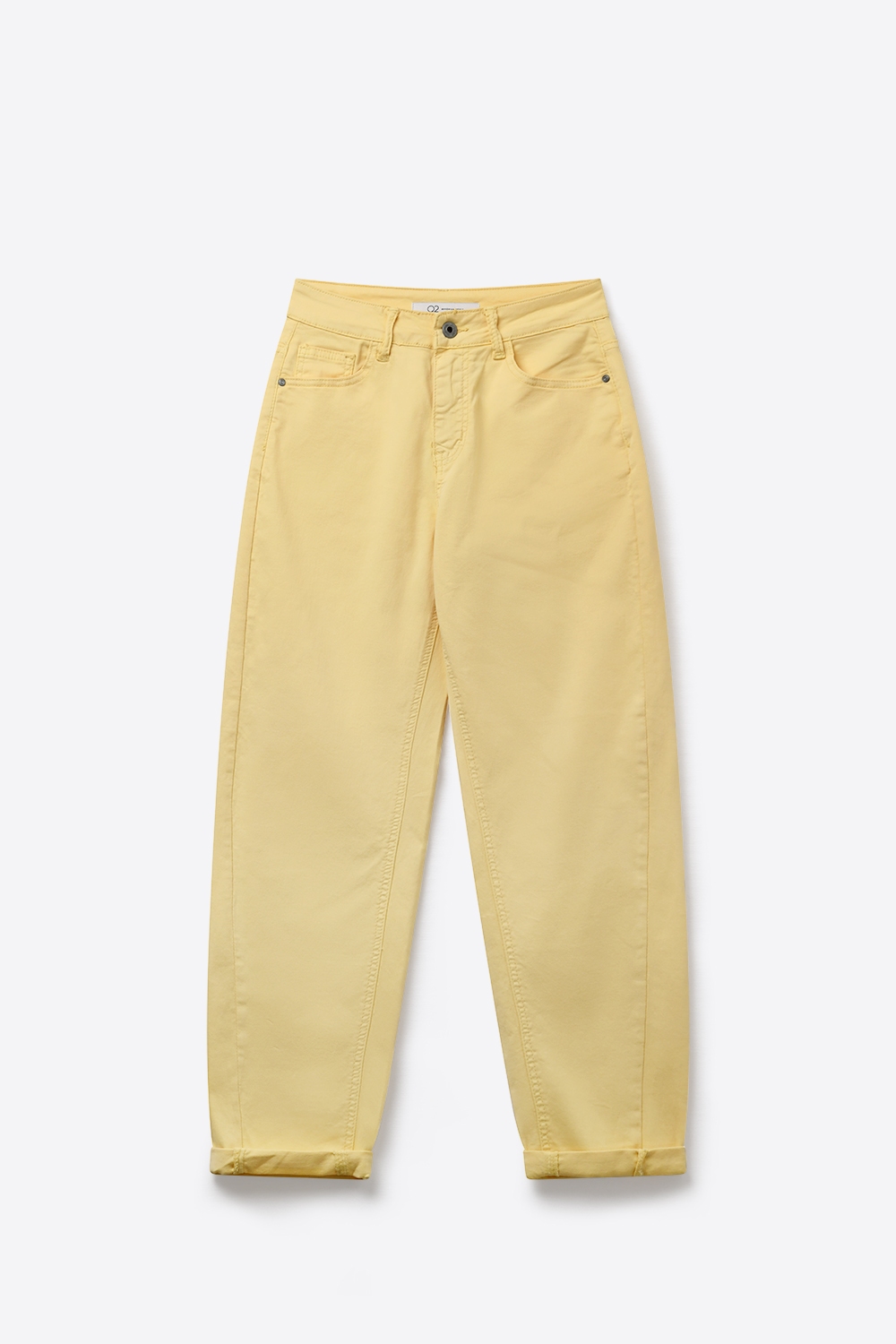 Pantalones de pierna de barril de talle alto con dobladillo enrollado en amarillo Pantalones de pierna de barril de talle alto con dobladillo enrollado en amarillo
