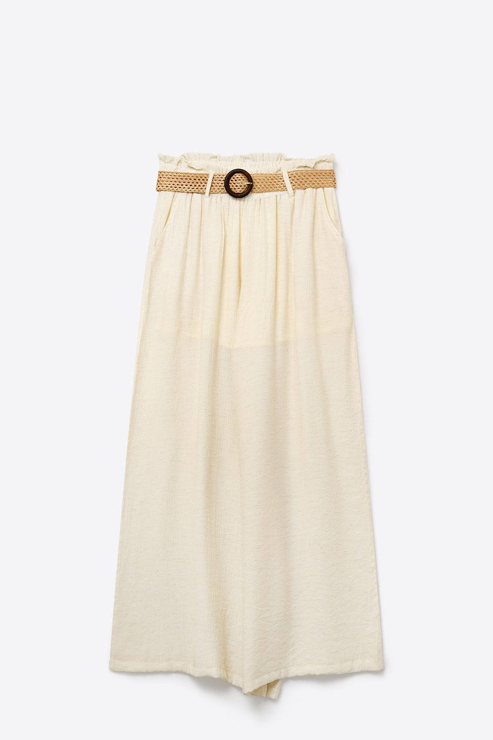 Pantalones Anchos de Pierna Ligera Color Crema con Detalle de Cintur&oacute;n Tejido