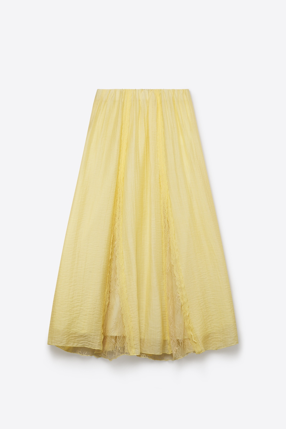 Falda maxi amarilla de l&iacute;nea A con textura transparente y inserto de encaje