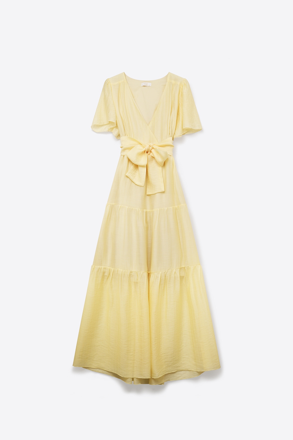 Vestido Maxi Amarillo con Cintur&oacute;n en la Cintura y Mangas con Volantes