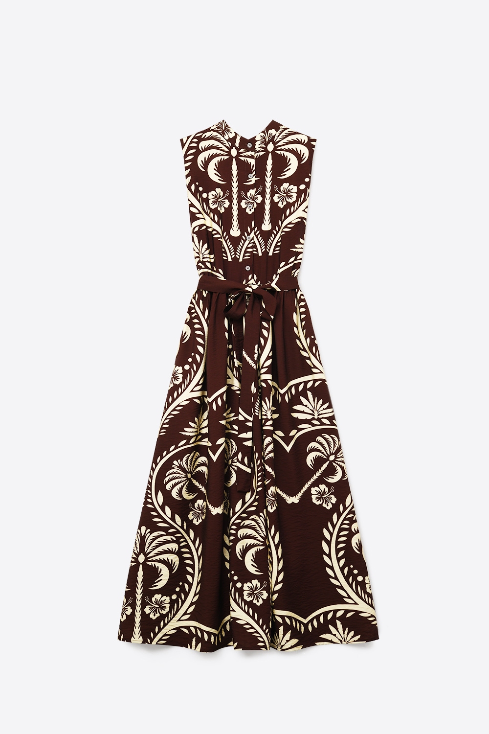 Vestido Maxi Marr&oacute;n Estampado con Cintura con Cintur&oacute;n