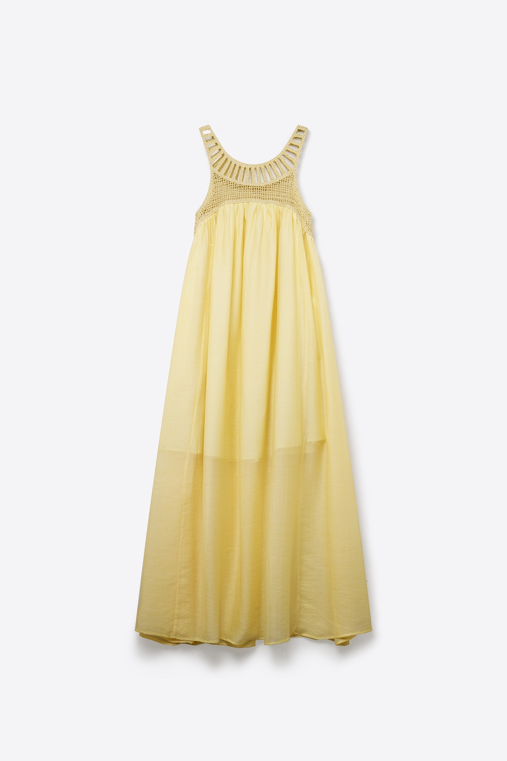 Vestido Maxi Amarillo con Canes&uacute; de Ganchillo y Falda Fluyente