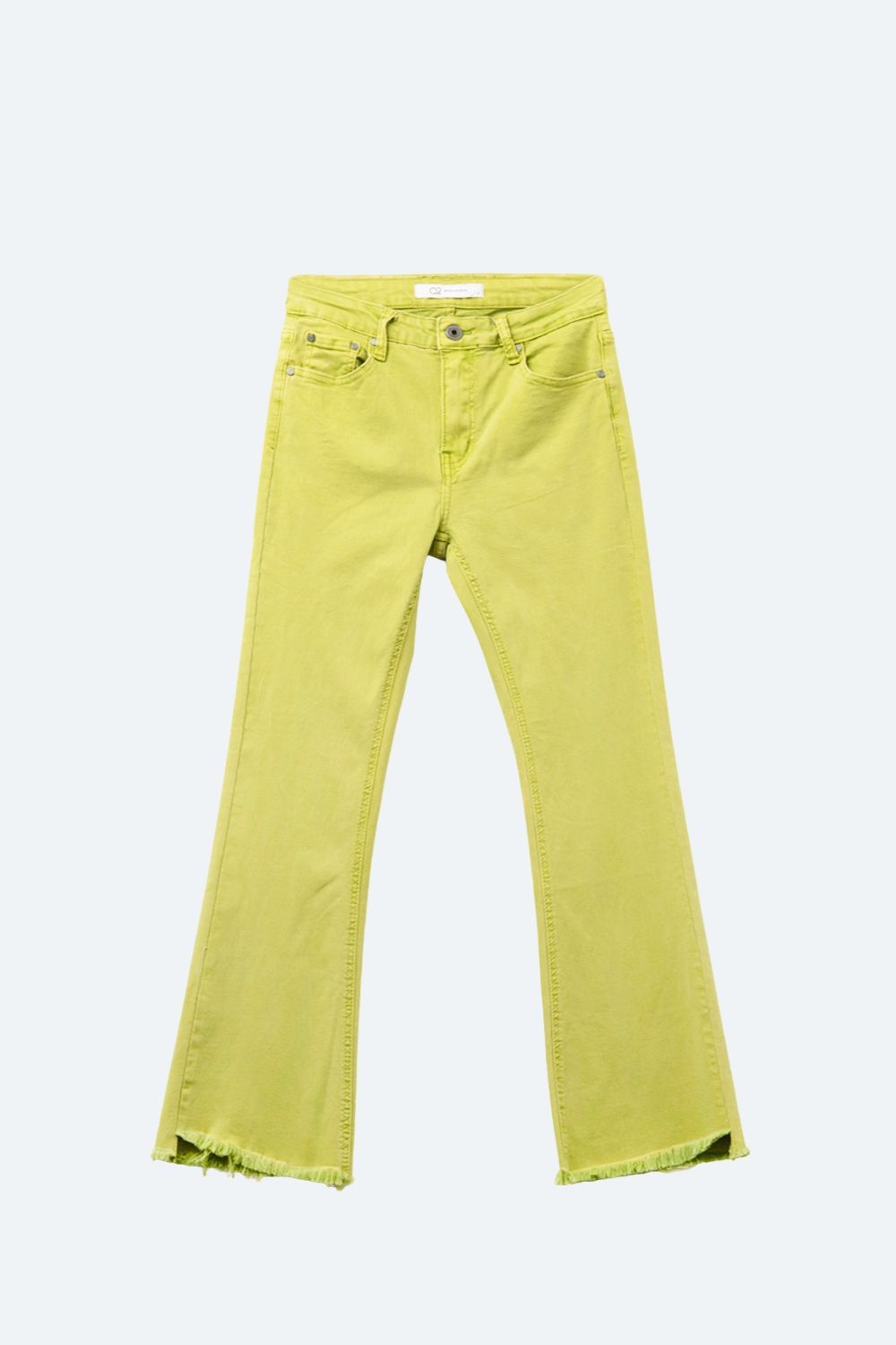 Jeans acampanados con borde sin rematar en color lima Jeans acampanados con borde sin rematar en color lima