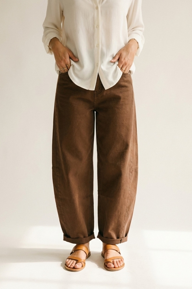 Brown Wide-Leg Cotton Twill Pants with Pockets in Barrel Style