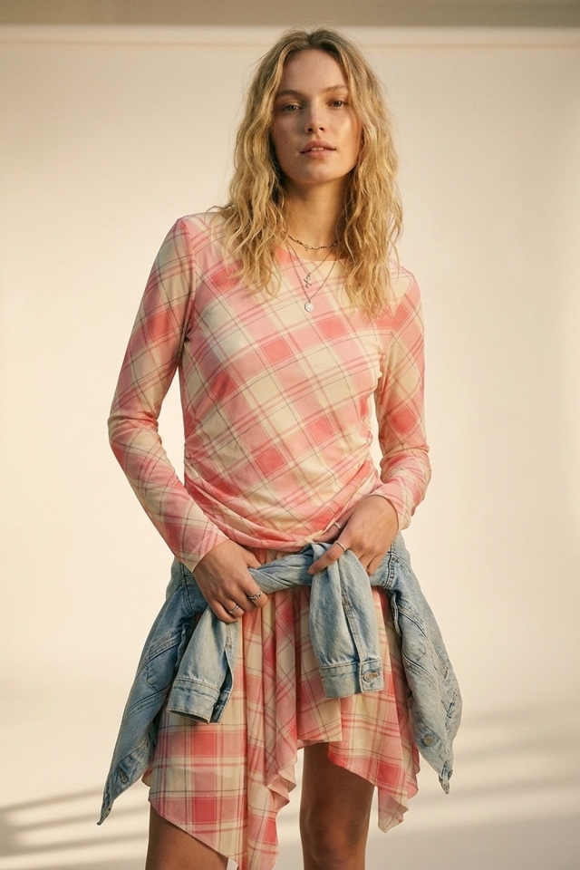 Mesh Fabric Plaid Long Sleeve Asymmetrical Dress in pink