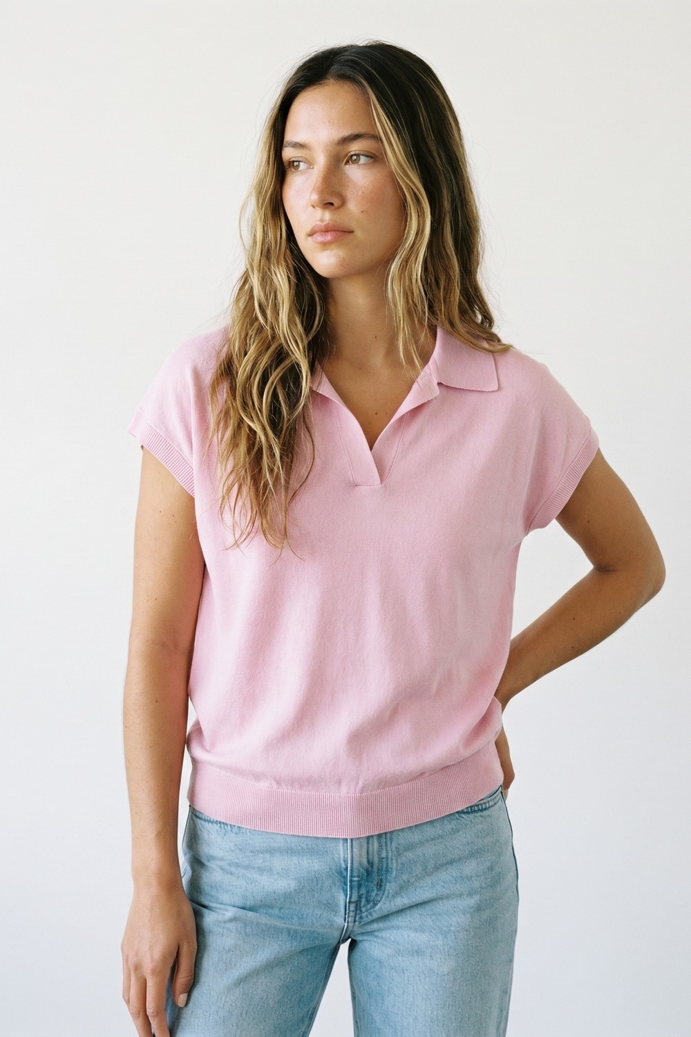 Polo de Punto Ligero Rosa con Mangas Cortas