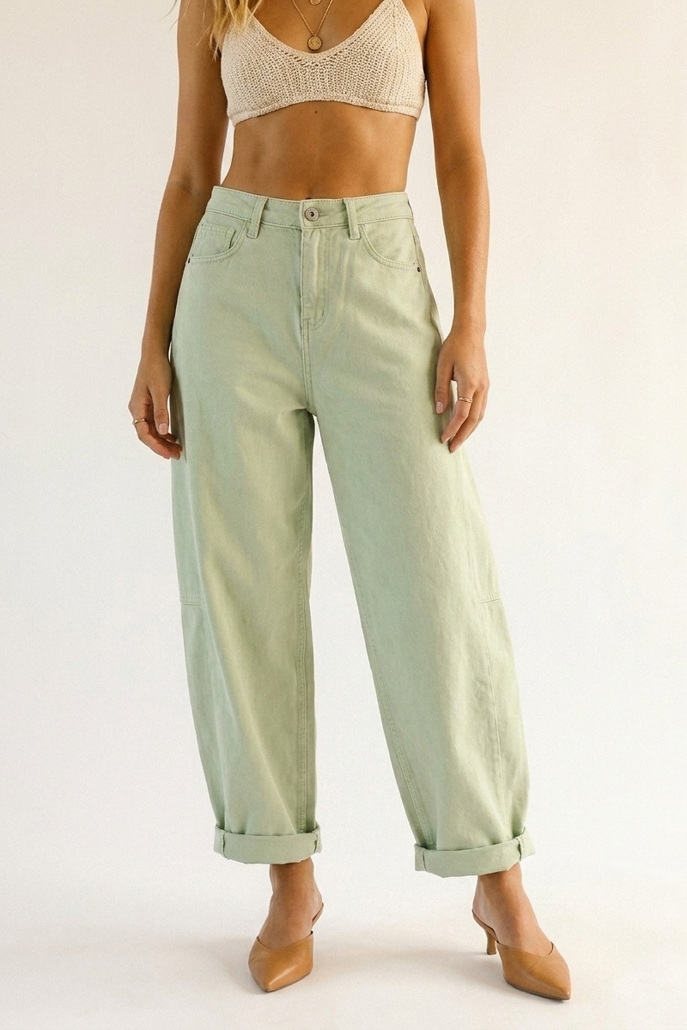 Pantalones Casuales de Algodón Verde Claro de Pierna Ancha en Estilo Barril Pantalones Casuales de Algodón Verde Claro de Pierna Ancha en Estilo Barril
