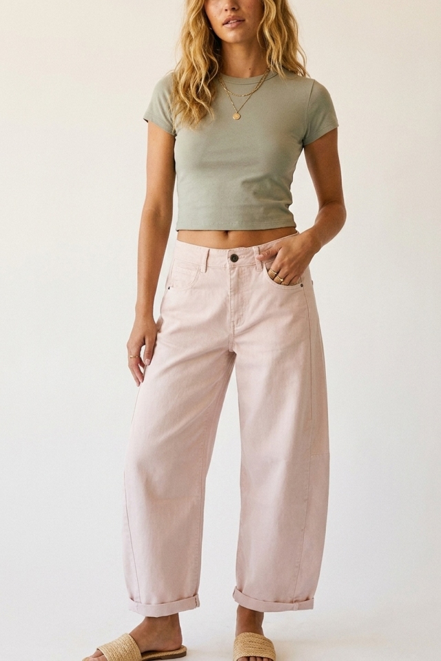 Pantalones Anchos de Algod&oacute;n Rosa Claro con Dobladillos Enrollados