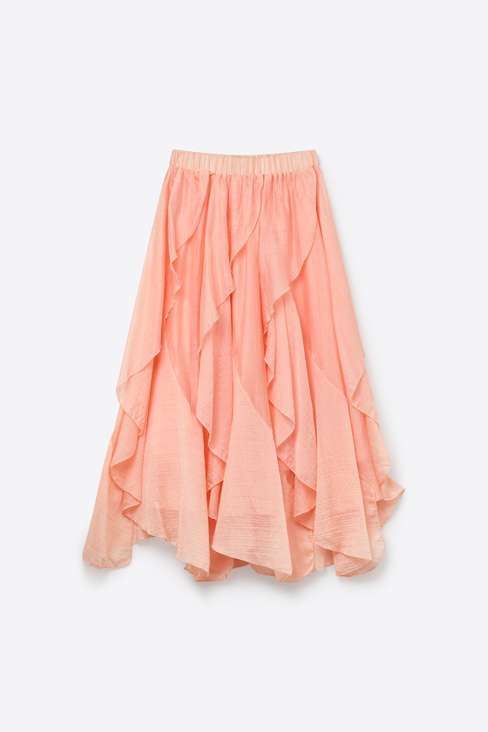 Falda midi asim&eacute;trica con volantes en tejido ligero rosa