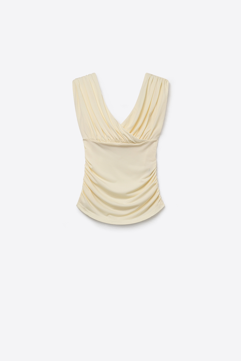 Top sin mangas de tela elástica color crema con parte delantera fruncida y cruzada Top sin mangas de tela elástica color crema con parte delantera fruncida y cruzada