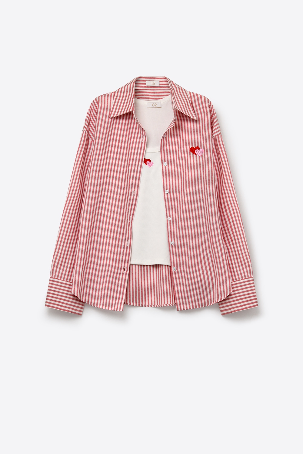 Conjunto de camiseta y camisa de 2 piezas de algod&oacute;n a rayas rojas con bordado de coraz&oacute;n