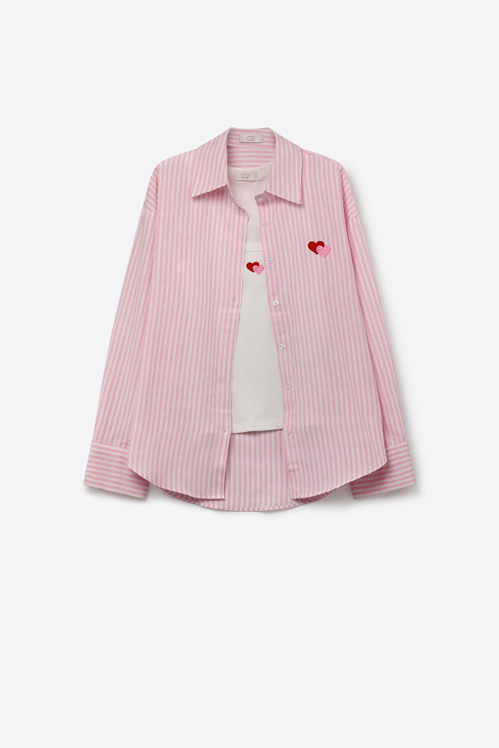 Conjunto de camiseta y camisa de algod&oacute;n con rayas rosas y corazones bordados 2 piezas