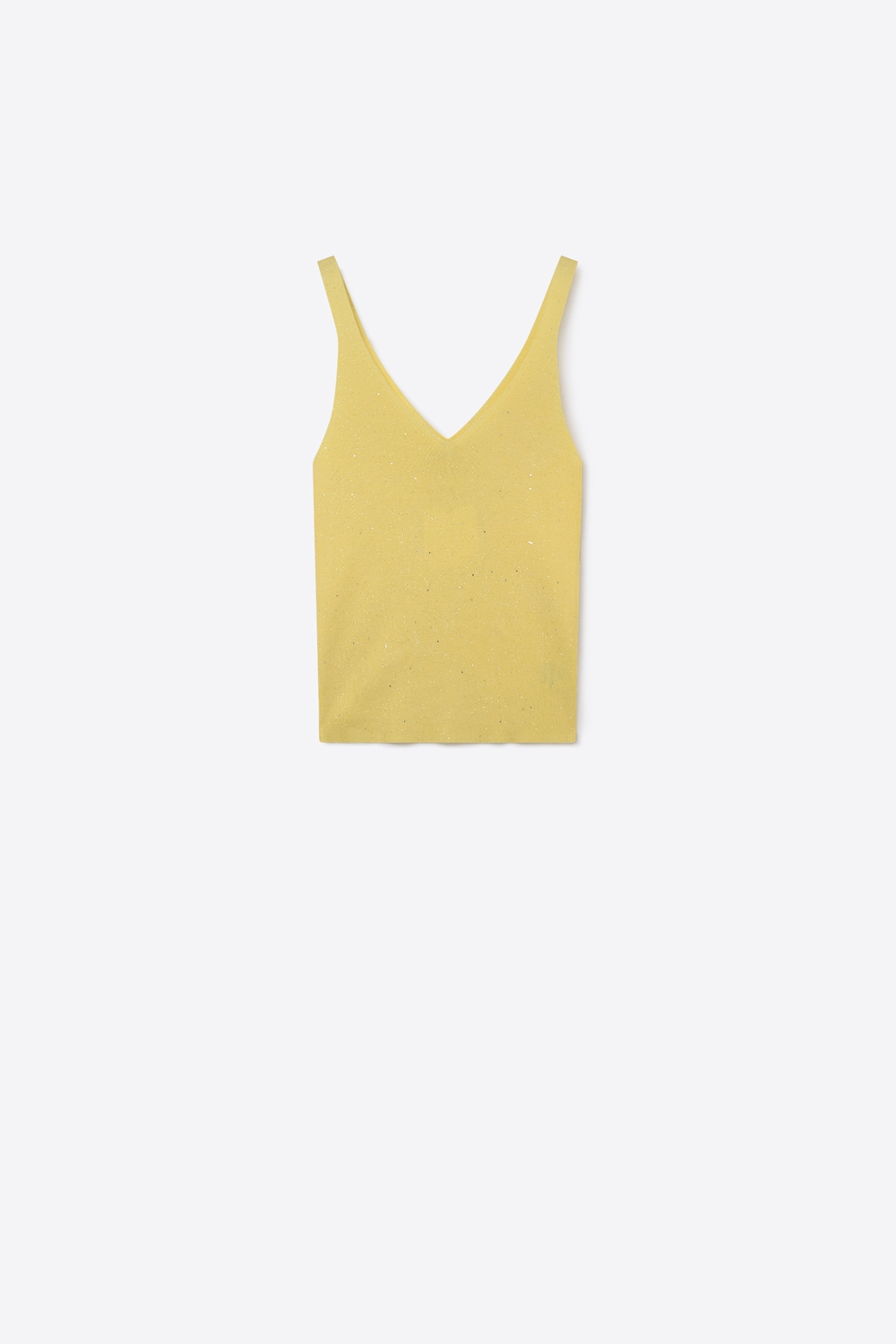 Top amarillo sin mangas de punto fino con detalle de purpurina y cuello en V