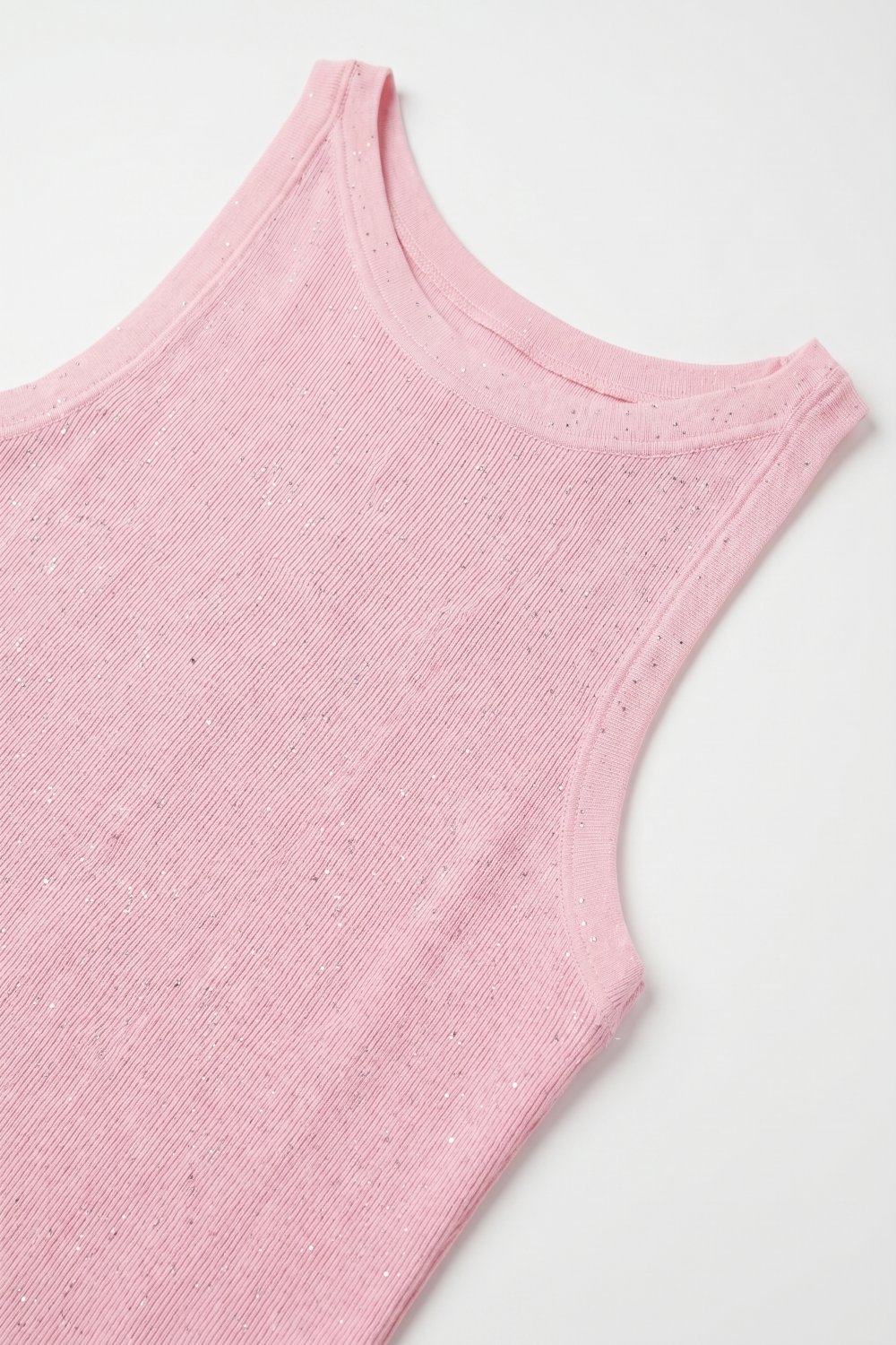Camiseta de tirantes regular fit de punto acanalado rosa con purpurina sin mangas Camiseta de tirantes regular fit de punto acanalado rosa con purpurina sin mangas