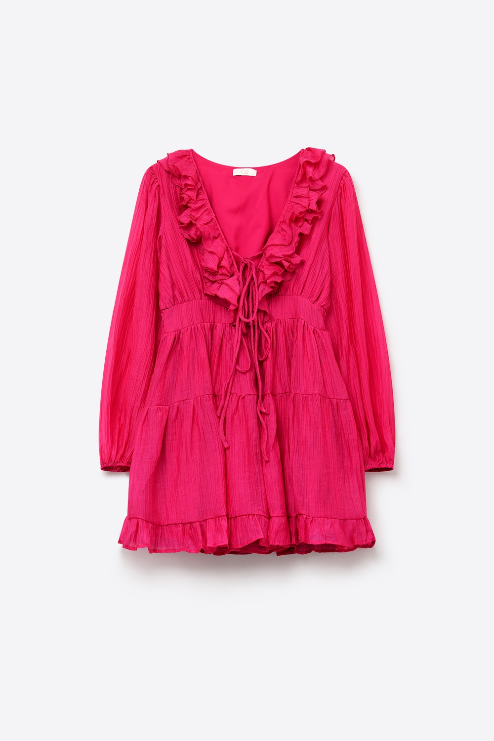 Vestido Mini con Volantes de Chif&oacute;n Arrugado en Fucsia con Escote en V y Cintura con Lazo