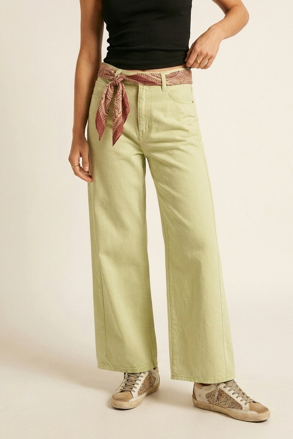 Pantalones de sarga de algodón elásticos con pernera extra ancha en verde menta Pantalones de sarga de algodón elásticos con pernera extra ancha en verde menta