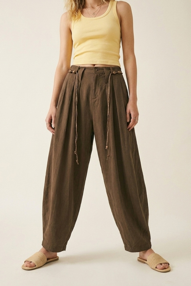 Brown Relaxed Fit Wide-Leg Drawstring Trousers