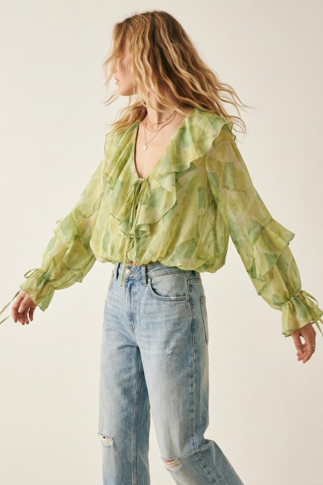 Light Green Ruffled Tie-Front Sheer Blouse