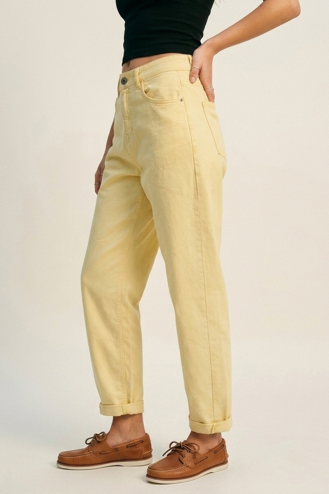 Pantalones Amarillos de Algod&oacute;n de Tiro Alto y Corte Relajado
