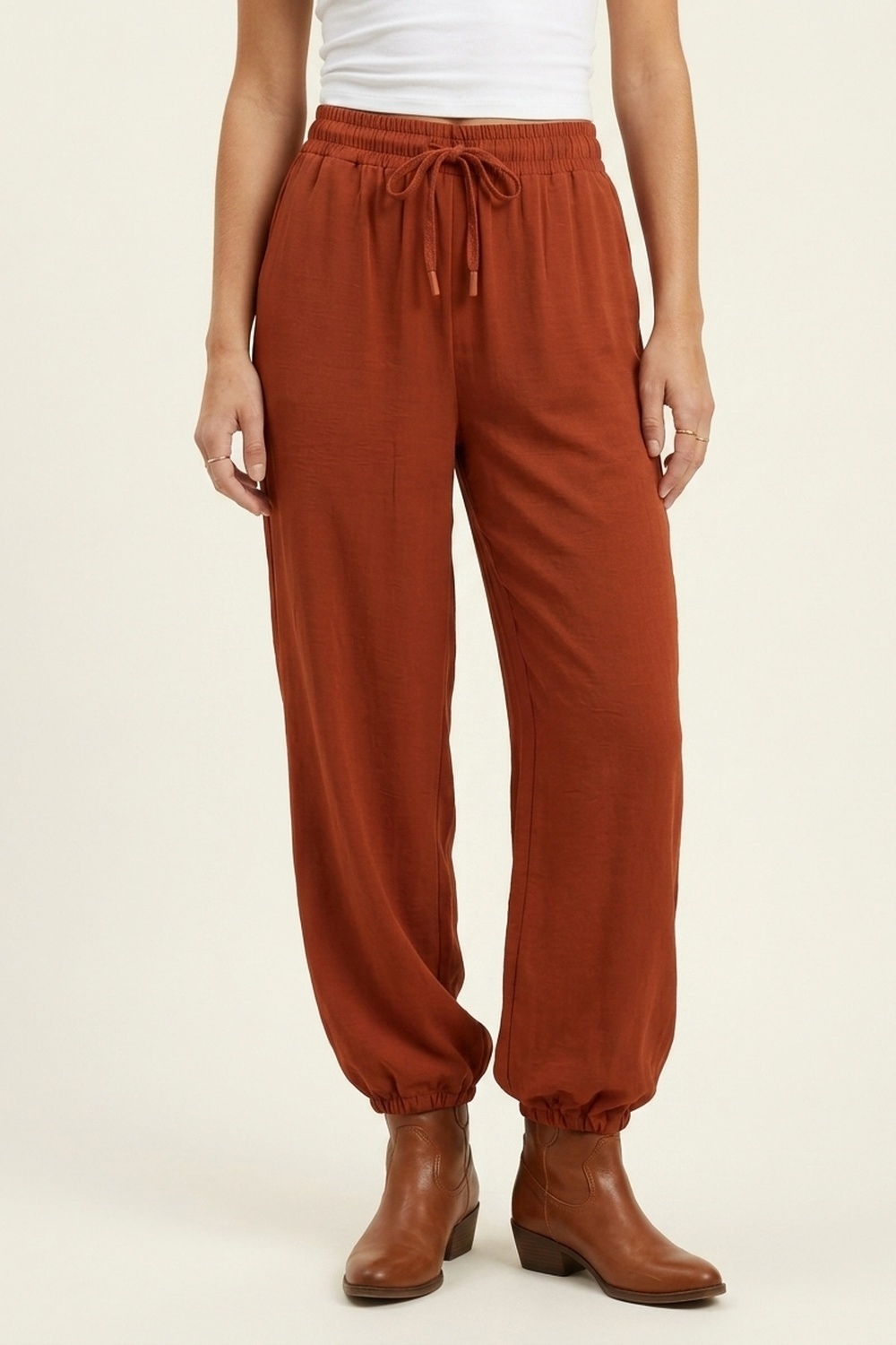 Pantalones Casuales Anchos de Pierna con Cintura de Cordón en Terracota Pantalones Casuales Anchos de Pierna con Cintura de Cordón en Terracota