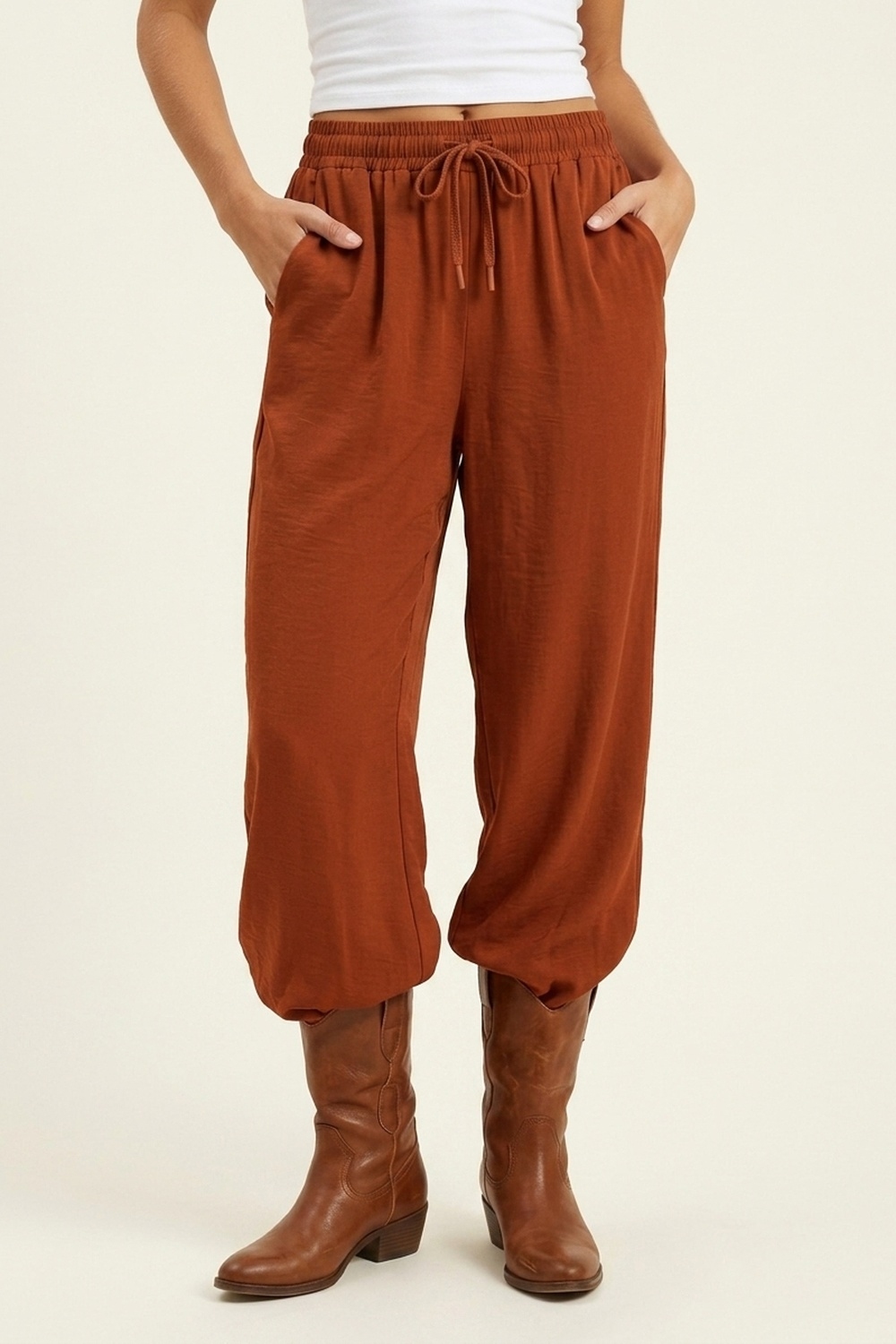 Pantalones Casuales Anchos de Pierna con Cintura de Cordón en Terracota Pantalones Casuales Anchos de Pierna con Cintura de Cordón en Terracota