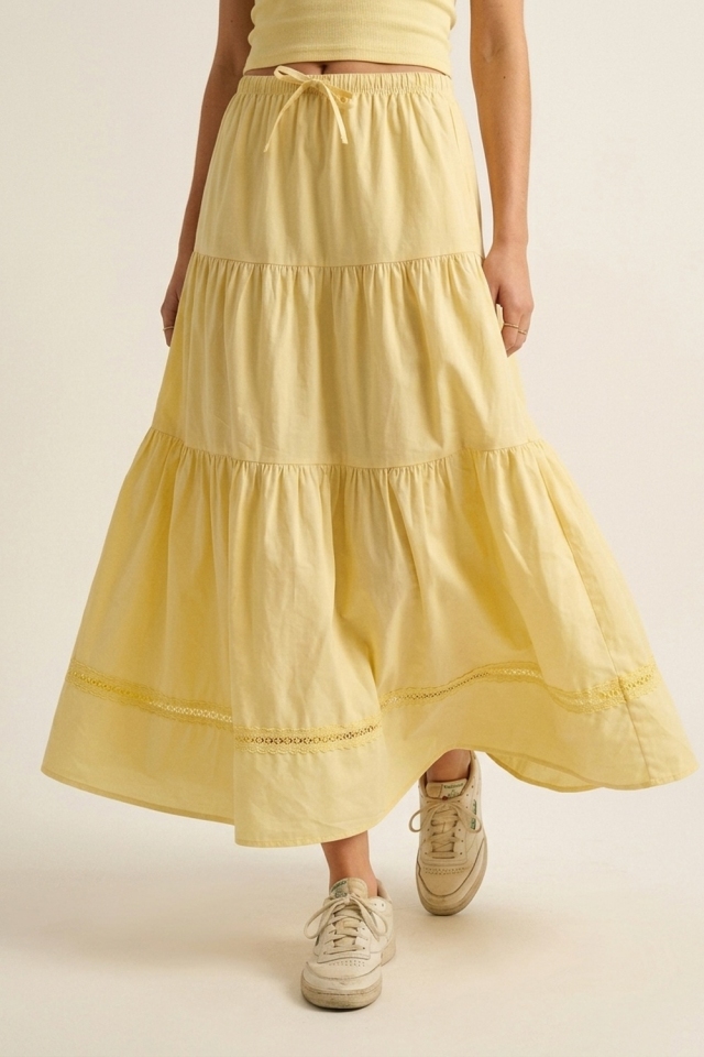 Falda Maxi de Popelina Amarilla con Detalle de Encaje