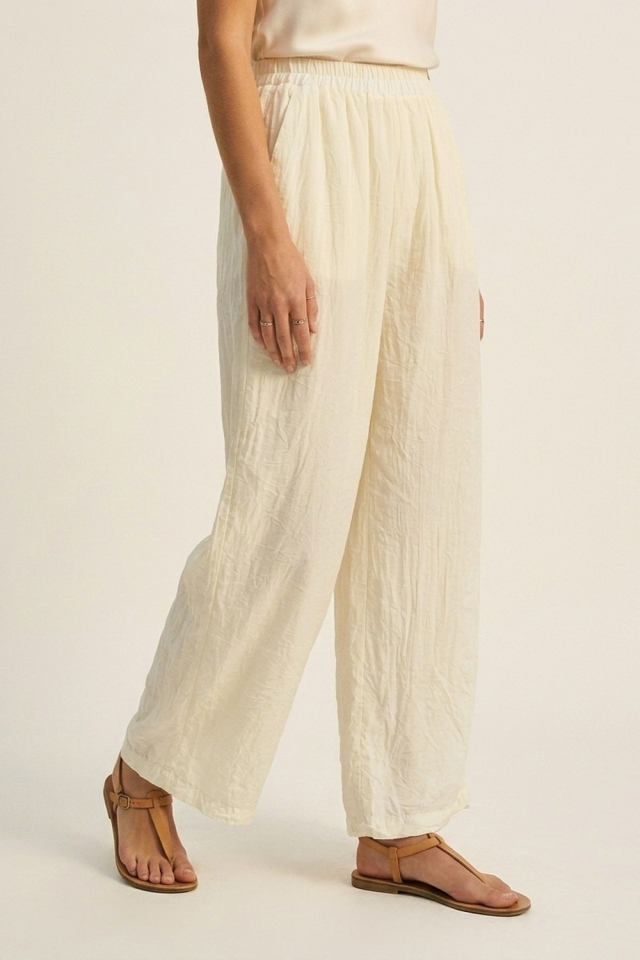 Pantalones anchos de pierna ancha y cintura el&aacute;stica de crema ligeros
