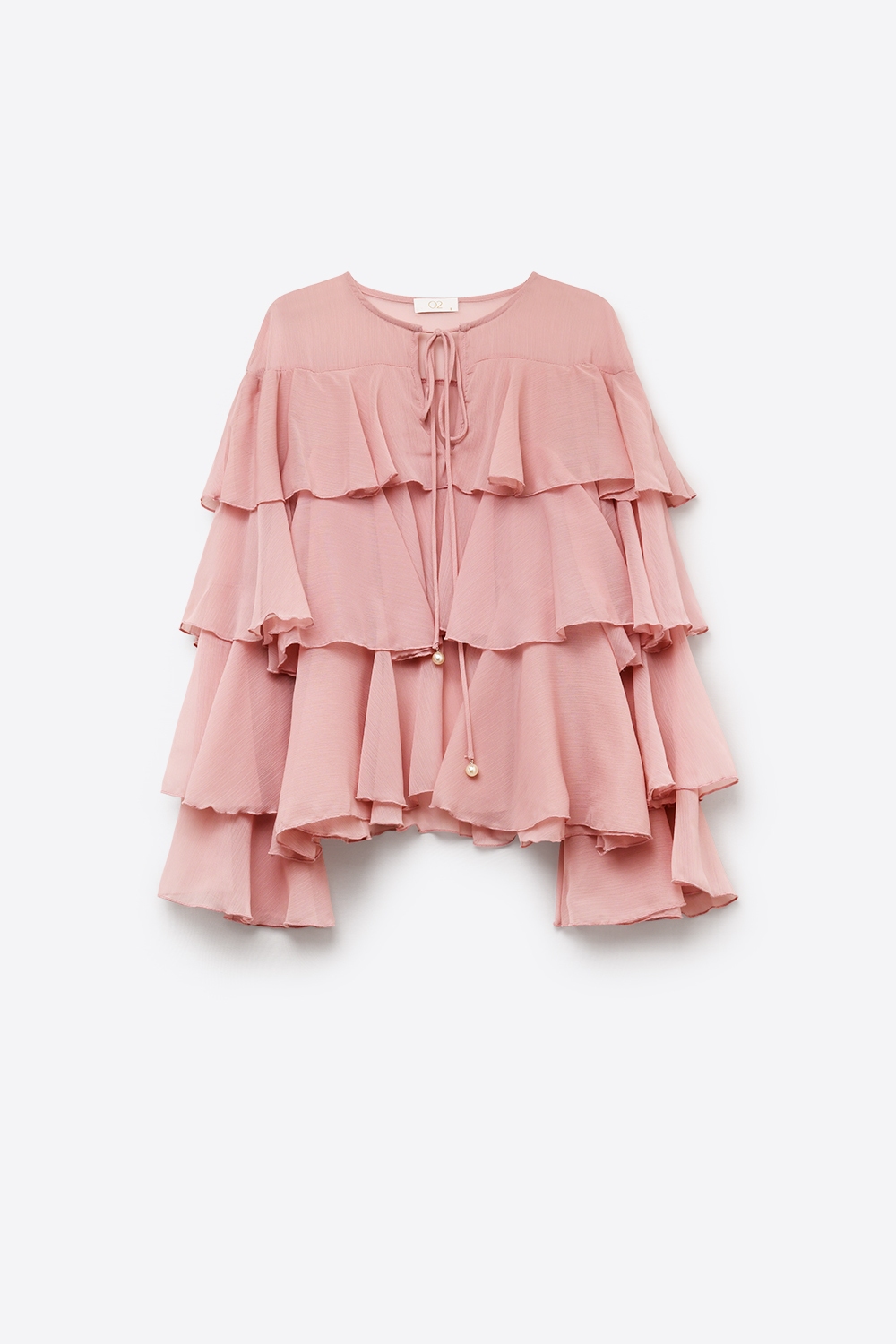 Blusa con Volantes en Capas y Lazo en el Cuello de Gasa Rosa