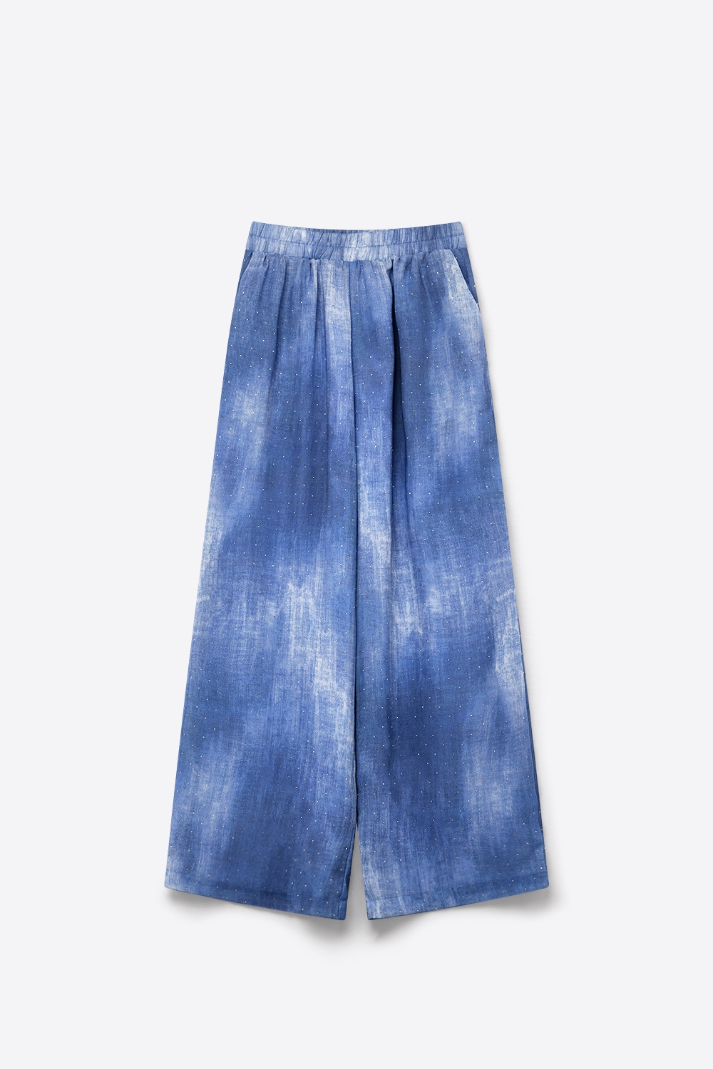 Pantalones de gasa azul tie-dye con cintura el&aacute;stica y strass adornados