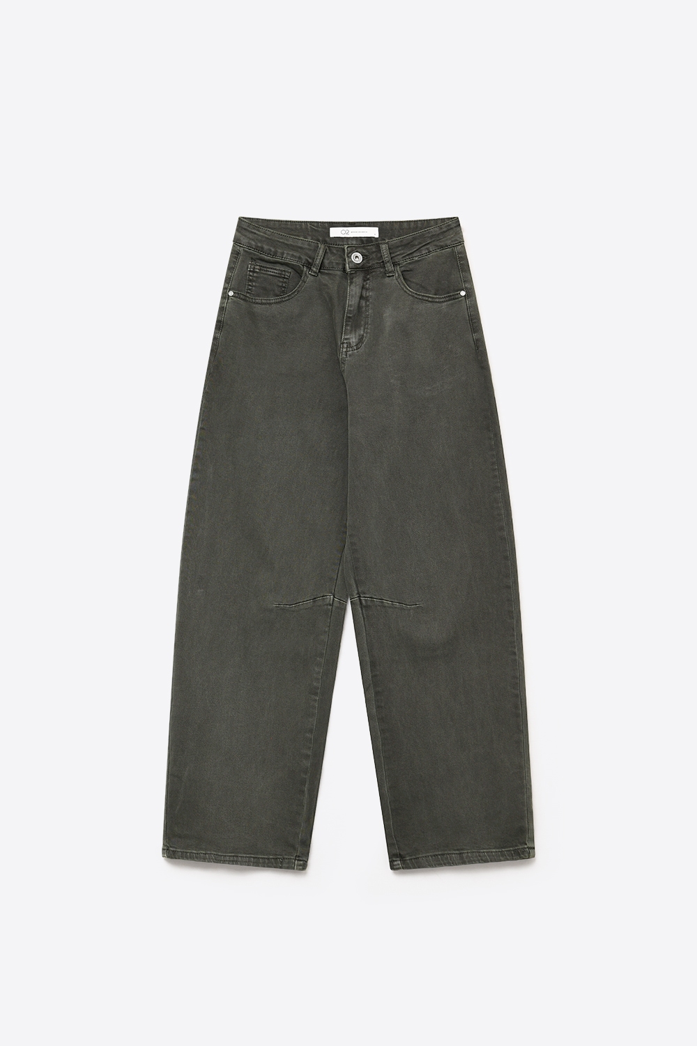 Pantalones vaqueros de pierna ancha de mezclilla lavado vintage caqui con costura en la rodilla Pantalones vaqueros de pierna ancha de mezclilla lavado vintage caqui con costura en la rodilla