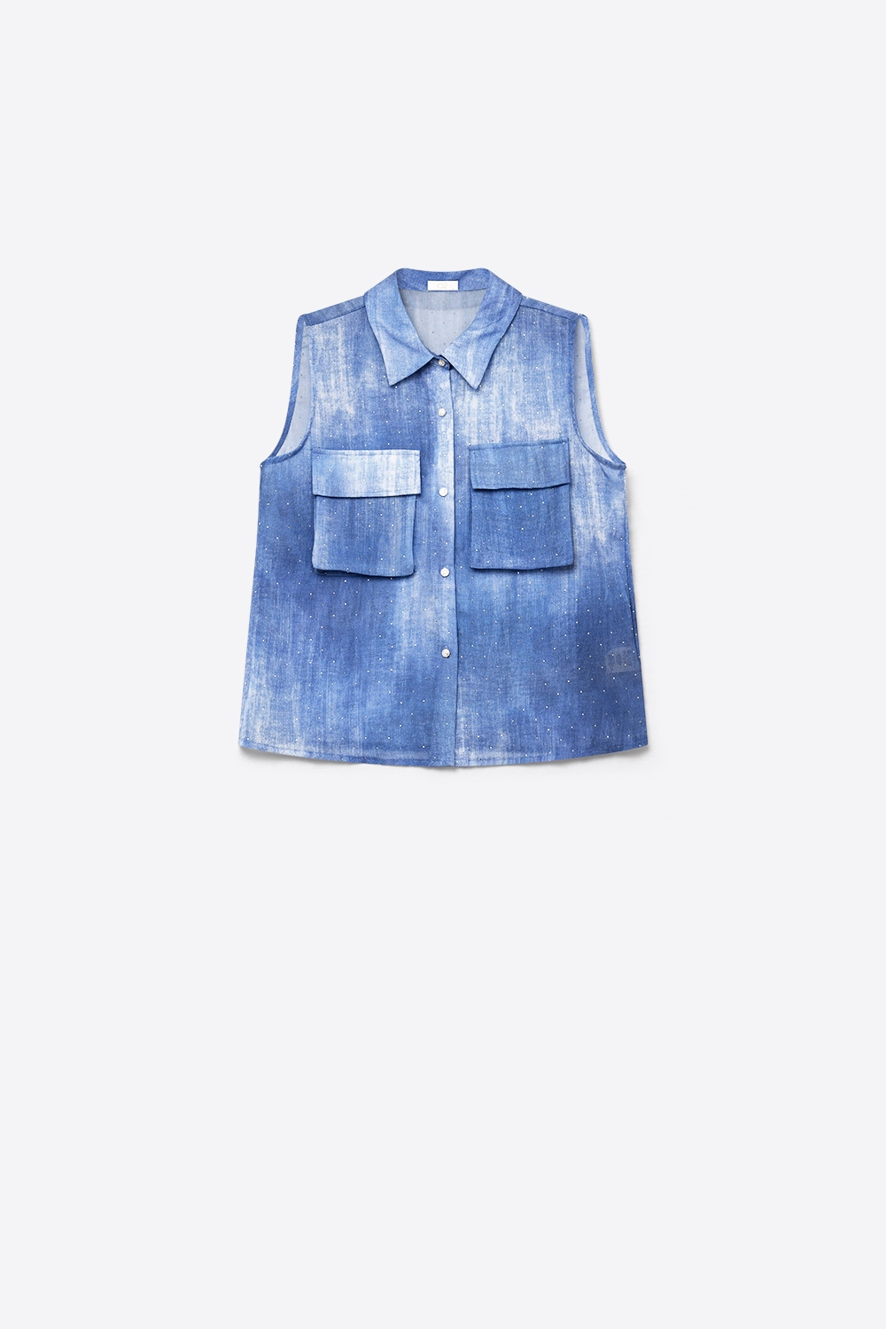 Camiseta sin mangas azul con estampado tie-dye y adornada con piedras de imitaci&oacute;n