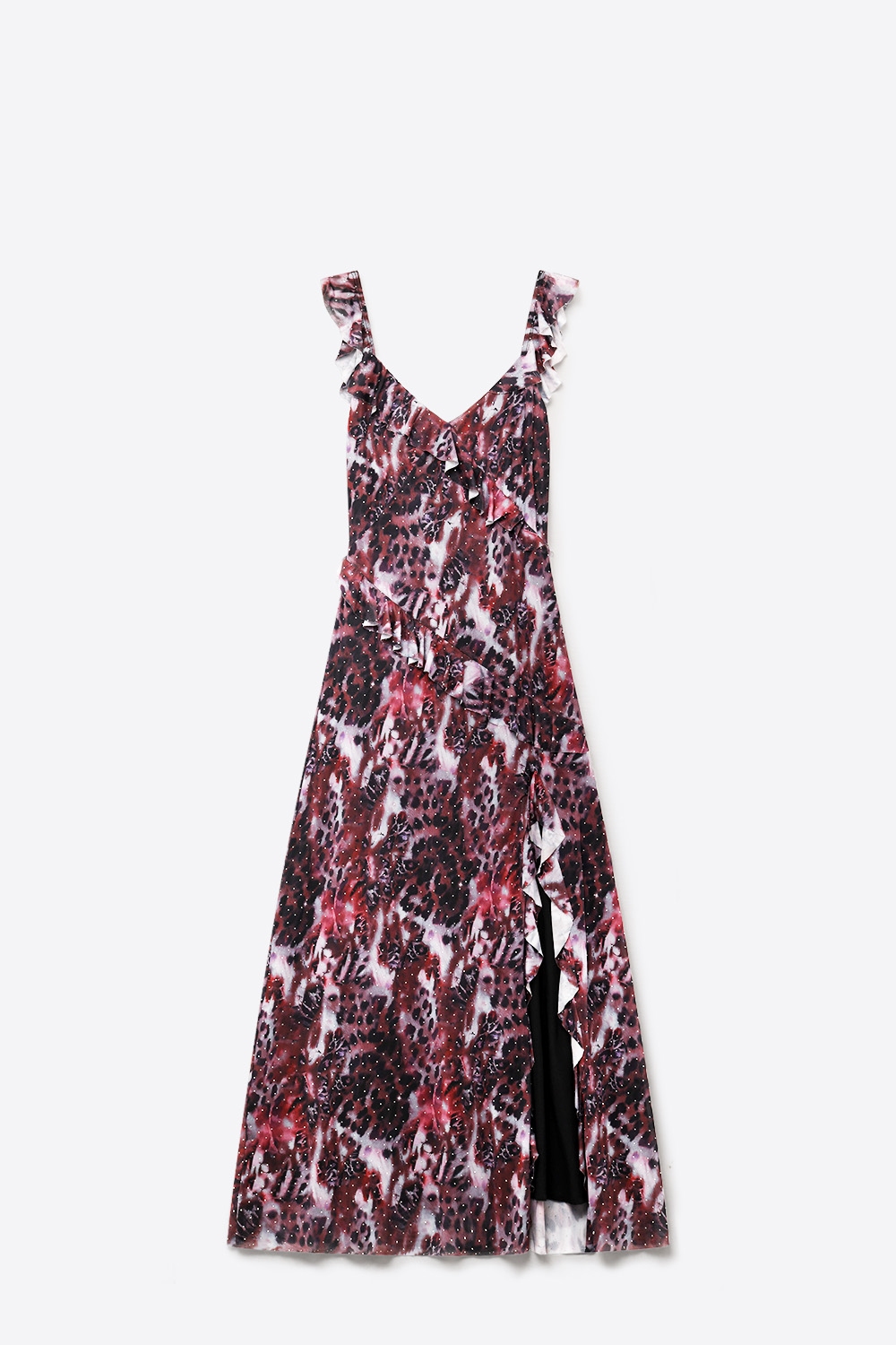 Vestido de Malla Burdeos con Estampado Animal y Detalle de Volantes Vestido de Malla Burdeos con Estampado Animal y Detalle de Volantes