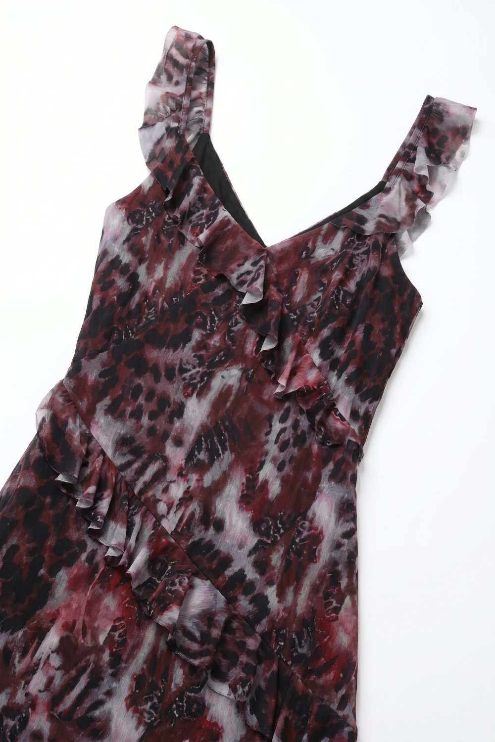 Vestido de Malla Burdeos con Estampado Animal y Detalle de Volantes Vestido de Malla Burdeos con Estampado Animal y Detalle de Volantes