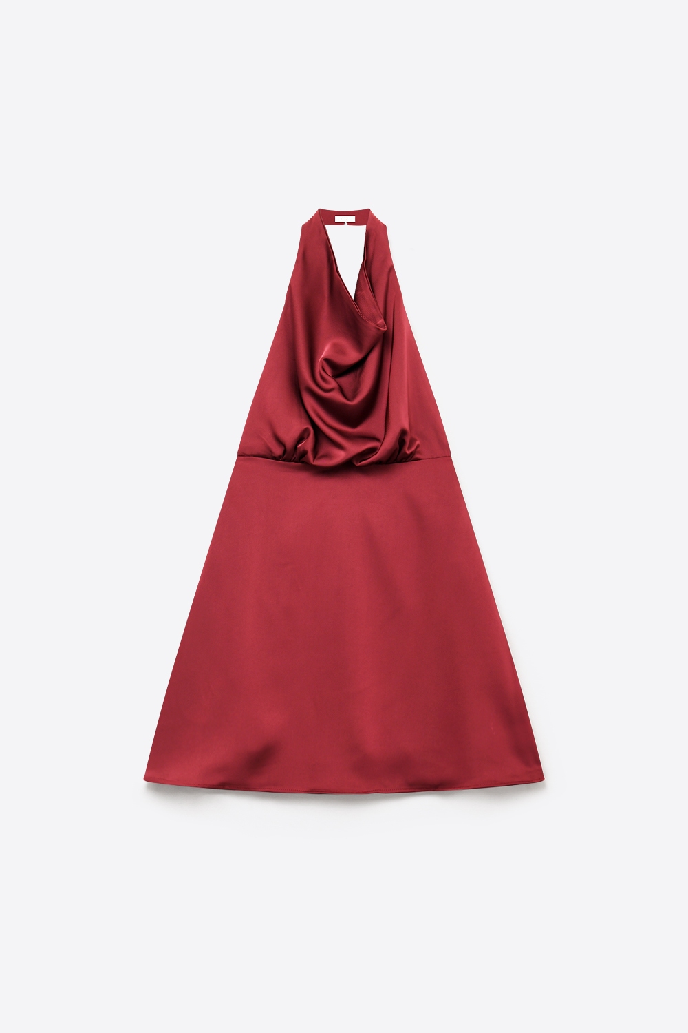 Vestido mini de sat&eacute;n burdeos con cuello drapeado halter corte en A y espalda abierta