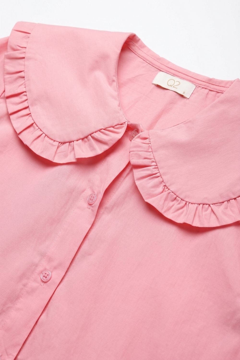 Camisa de Manga Larga con Cuello Prairie de Volantes en Popelina de Algod&oacute;n Rosa
