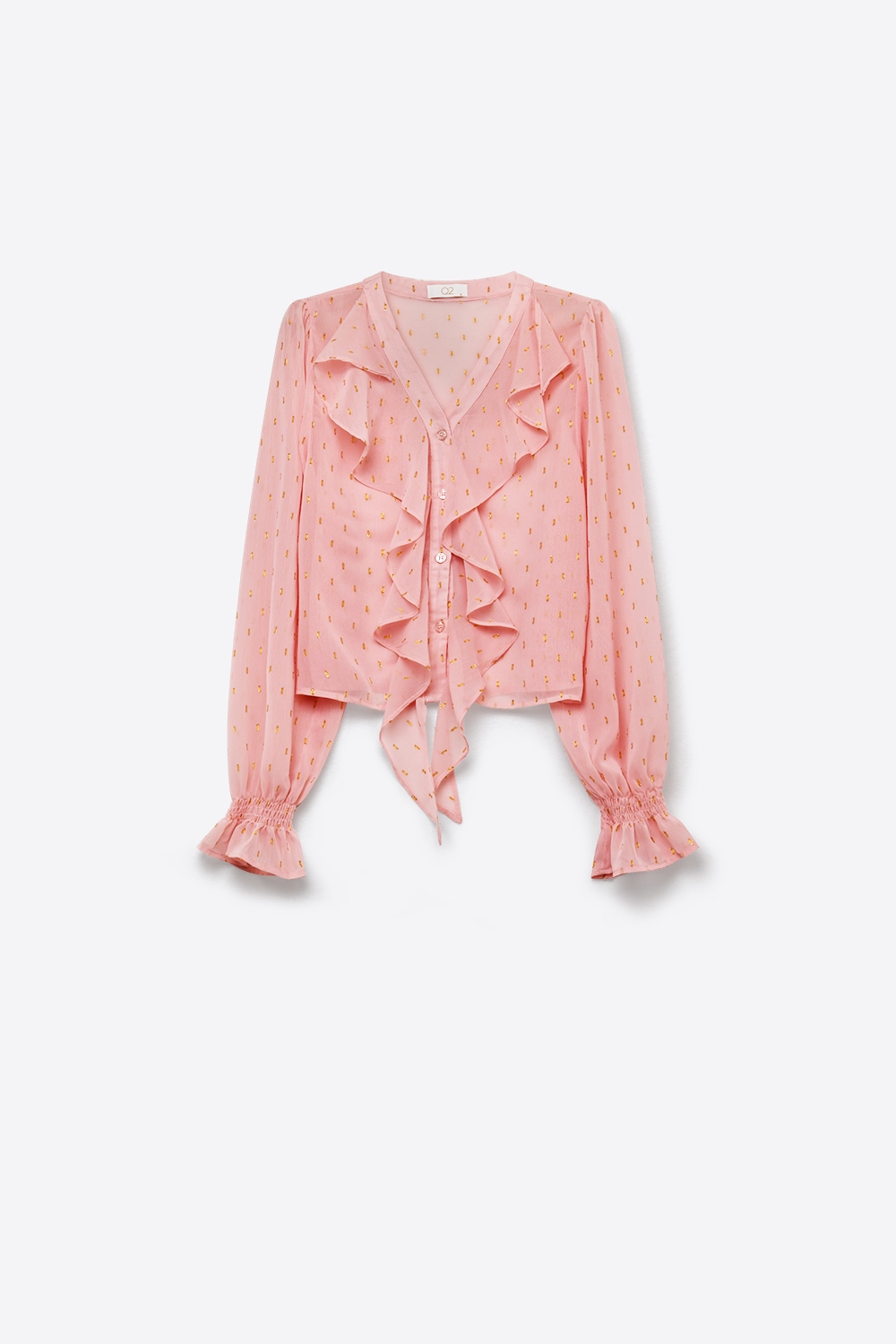 Blusa de Gasa con Volantes y Botones de Lunares Dorados en Rosa Claro Blusa de Gasa con Volantes y Botones de Lunares Dorados en Rosa Claro