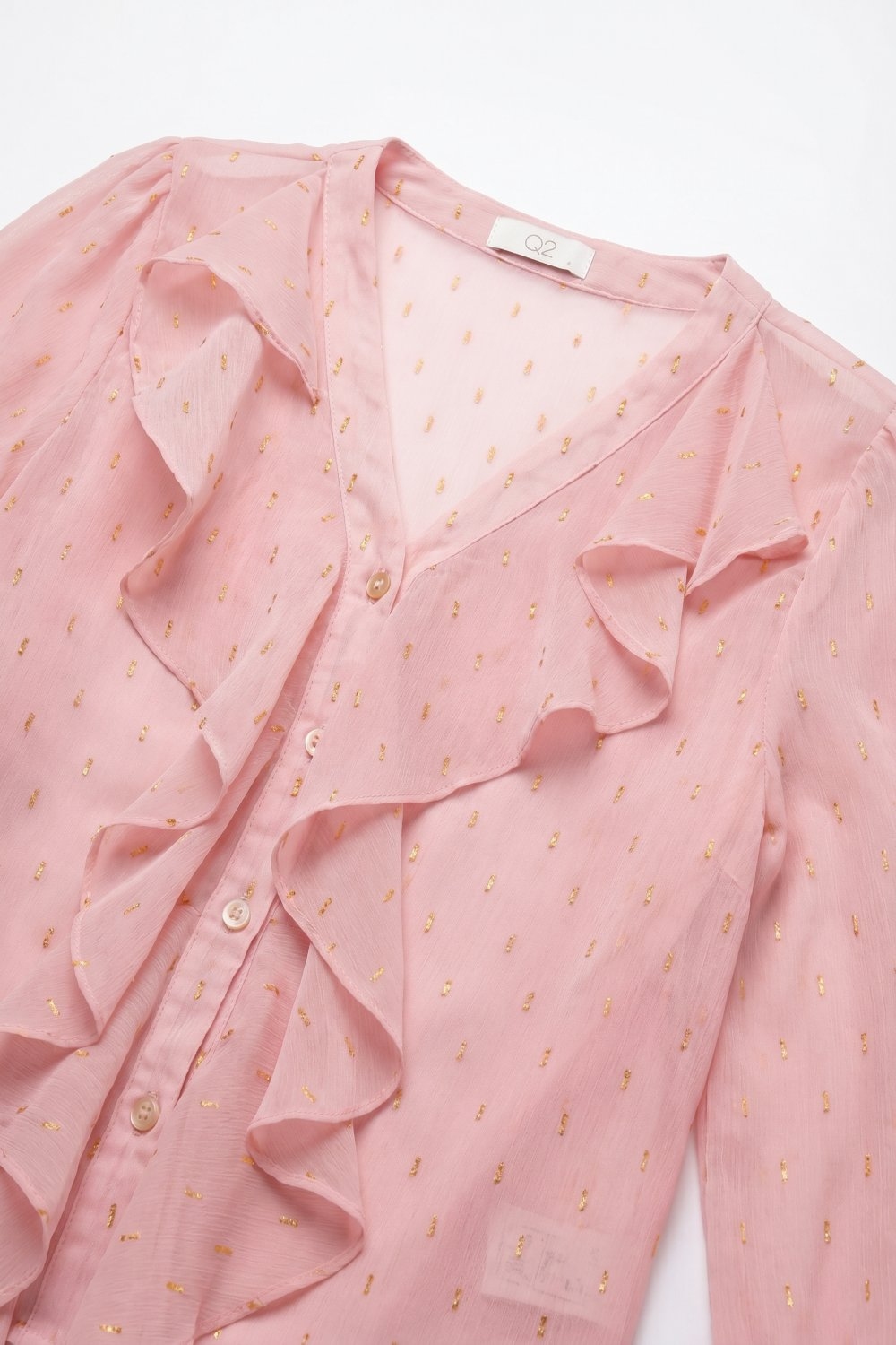 Blusa de Gasa con Volantes y Botones de Lunares Dorados en Rosa Claro Blusa de Gasa con Volantes y Botones de Lunares Dorados en Rosa Claro
