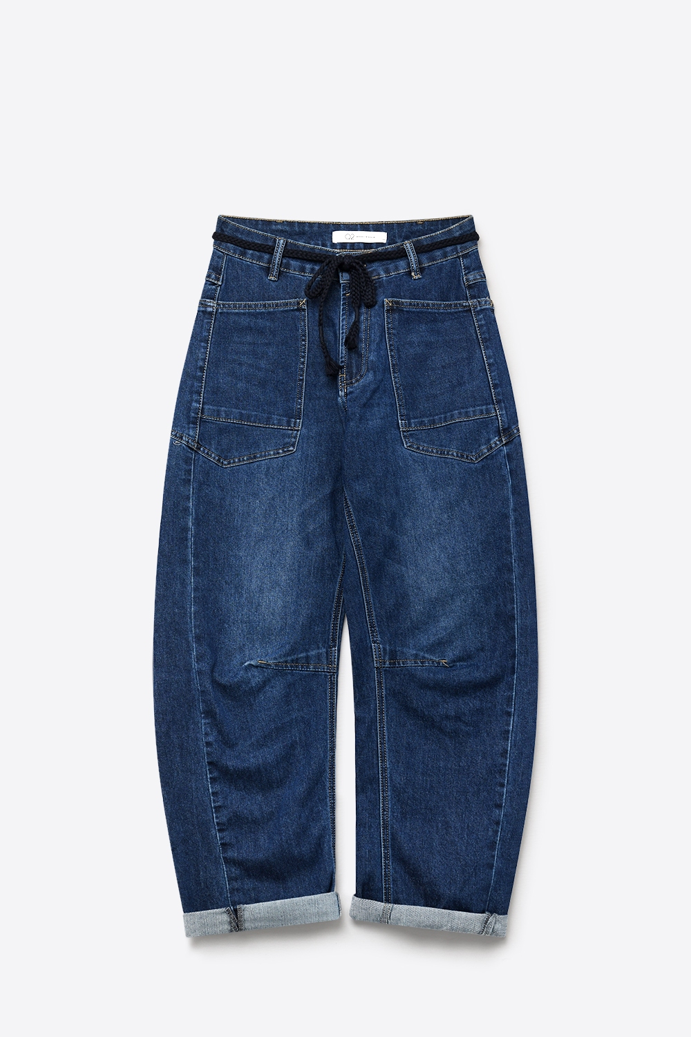 Jeans oscuros con cintura de cordón con puño enrollado y pierna ancha Jeans oscuros con cintura de cordón con puño enrollado y pierna ancha