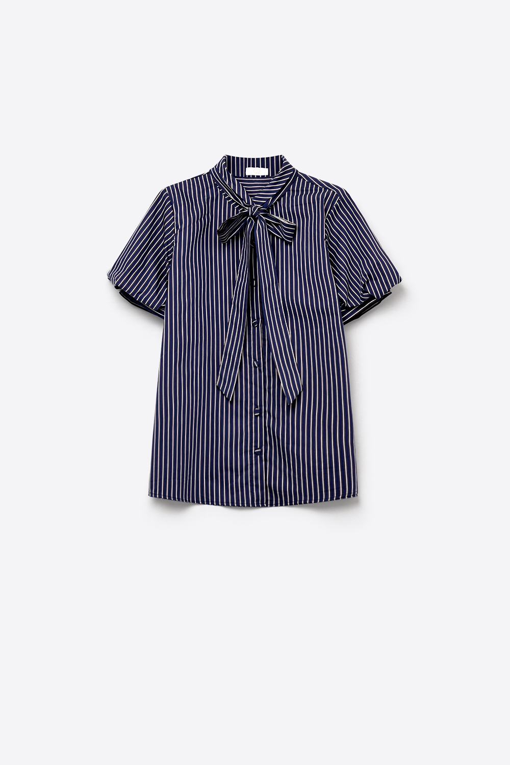 Camisa de Lazo con Rayas en Azul Marino y Manga Corta en Popelina