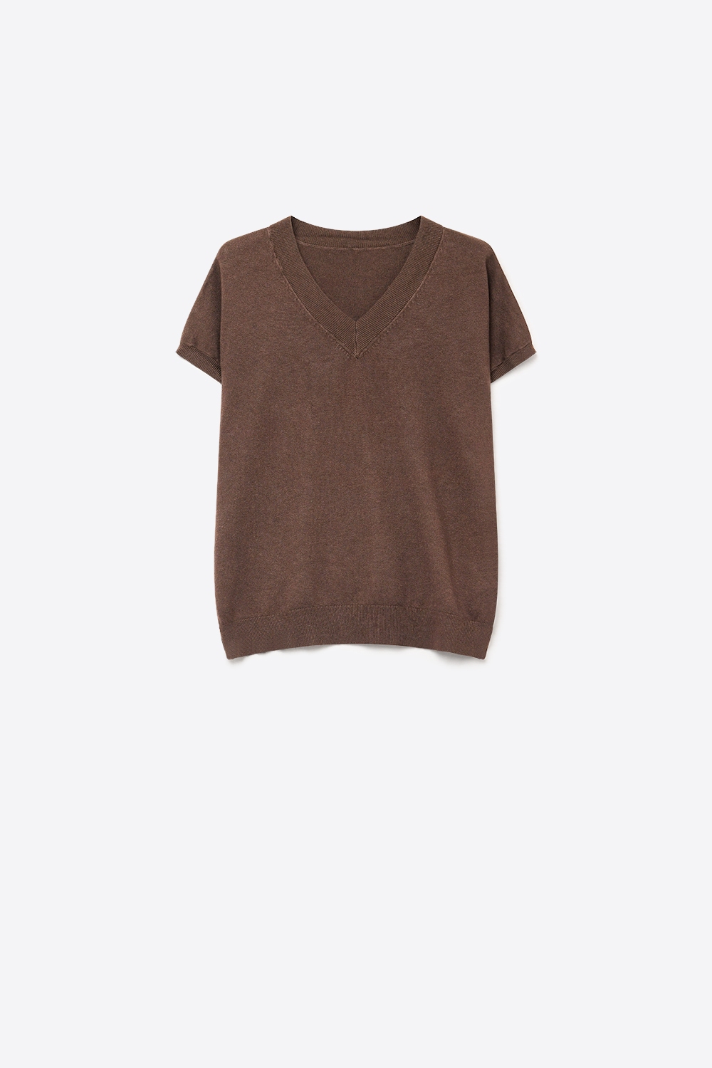 Su&eacute;ter Marr&oacute;n de Punto Fino con Cuello en V y Mangas Cortas de Estilo Dolman