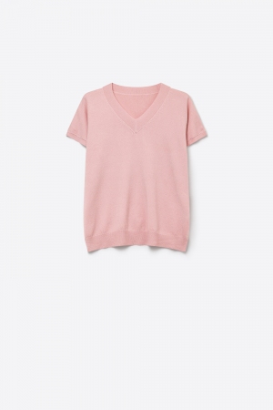 Suéter Rosa de Punto Fino con Cuello en V y Mangas Cortas Tipo Dolmán con Caída sobre los Hombros
