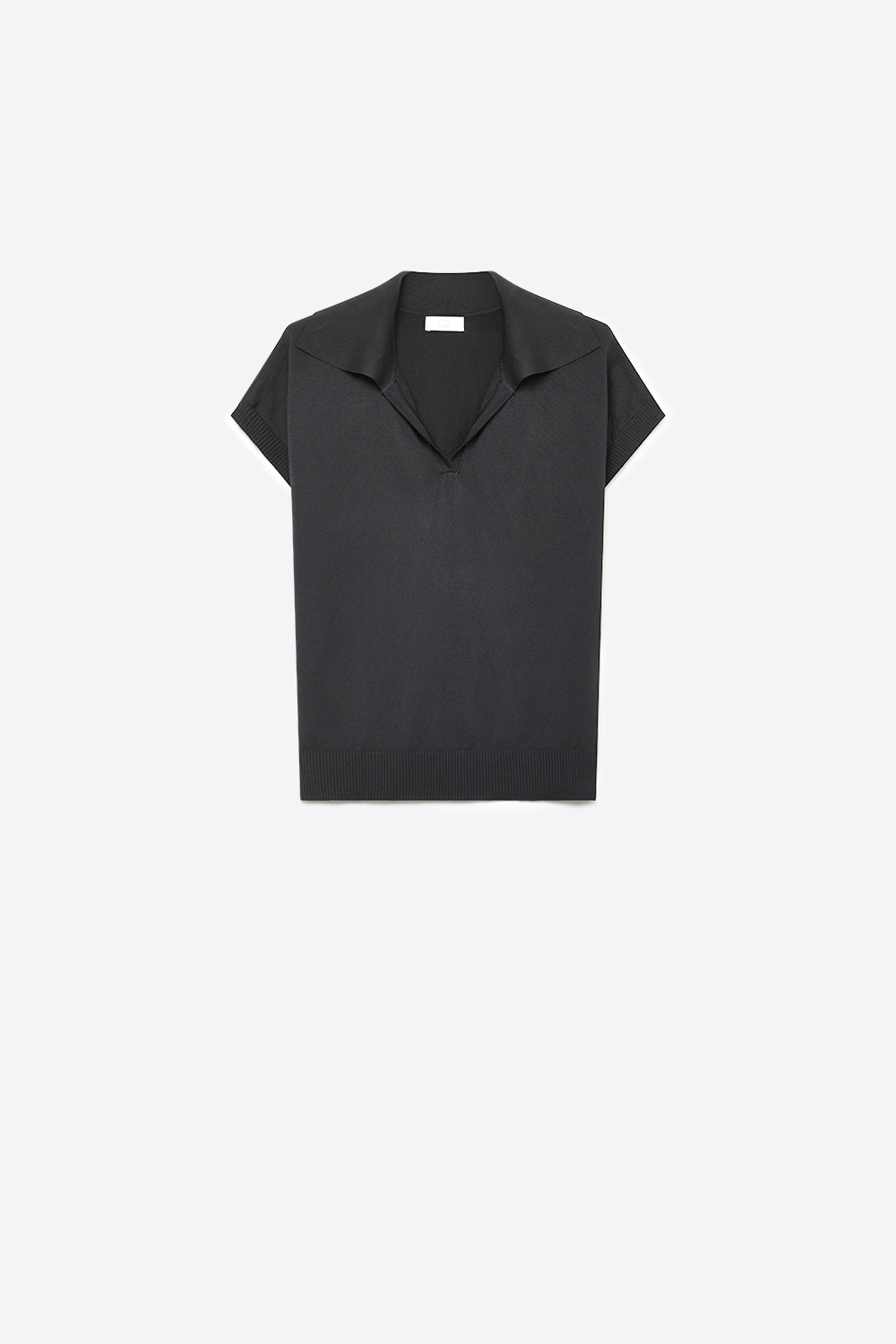 Polo Negro de Punto Fino con Cuello y Dobladillo de Canalé Ajuste Regular Polo Negro de Punto Fino con Cuello y Dobladillo de Canalé Ajuste Regular