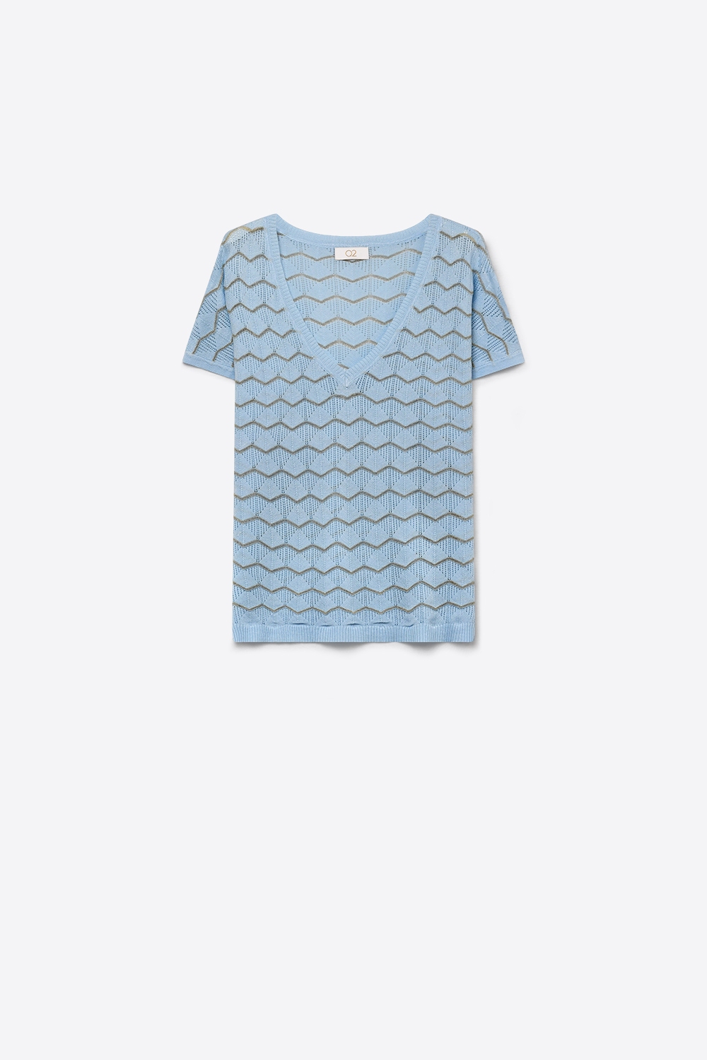 Patrón Chevron Azul Claro Tejido Fino Cuello en V Manga Corta Top Patrón Chevron Azul Claro Tejido Fino Cuello en V Manga Corta Top