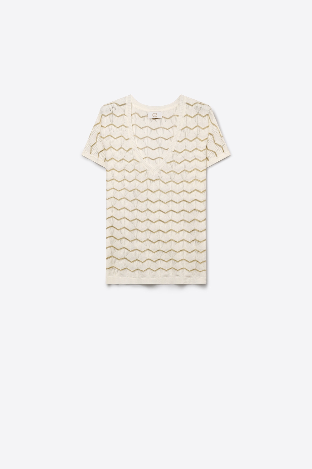 Top de Ajuste Regular de Manga Corta con Escote en V y Tejido Geométrico en Crema Top de Ajuste Regular de Manga Corta con Escote en V y Tejido Geométrico en Crema