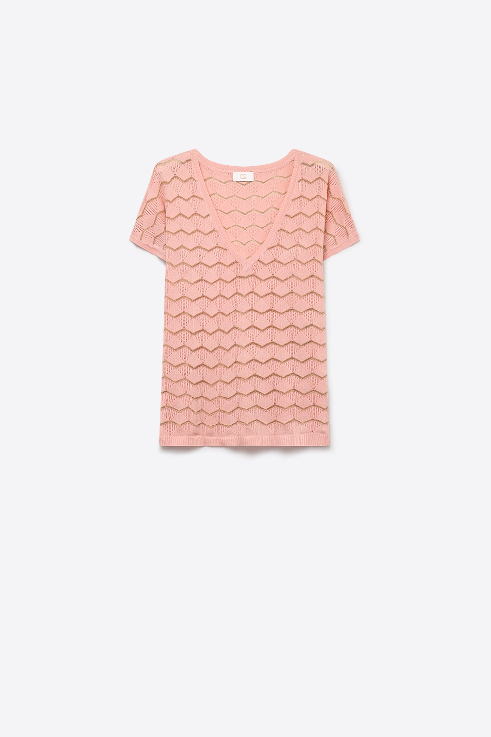Top de punto fino con cuello en V y manga corta en color rosa claro con estampado en zigzag Top de punto fino con cuello en V y manga corta en color rosa claro con estampado en zigzag