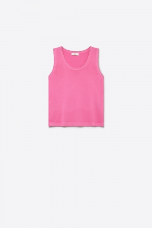Camiseta de Tirantes Ajustada Regular de Punto Fino Rosa con Ribete Acanalado