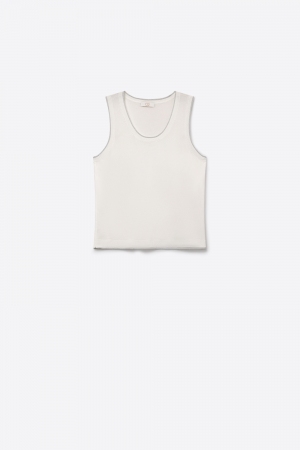 Camiseta de Tirantes Blanca de Punto Fino con Ribetes Acanalados de Ajuste Regular